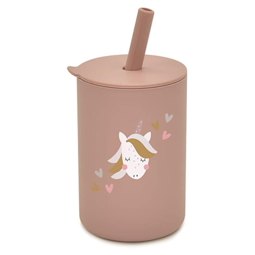 Silikónový hrnček so slamkou Jednorožec, 150 ml - púdrový