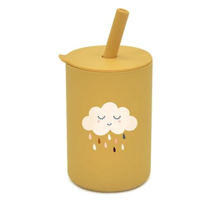 Silikónový hrnček so slamkou Mráčik, 150 ml - horčicový