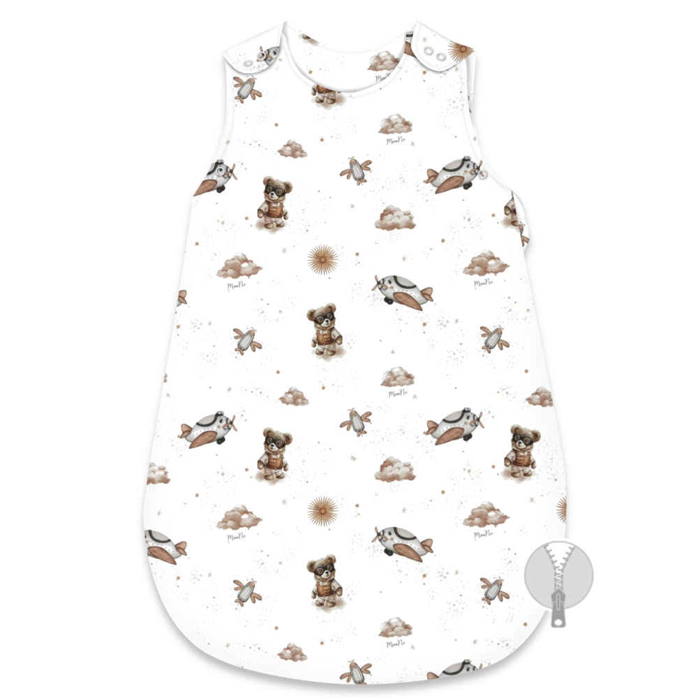 Spací vak, bavlna, 74 cm, Méďa pilot - biela, béžová