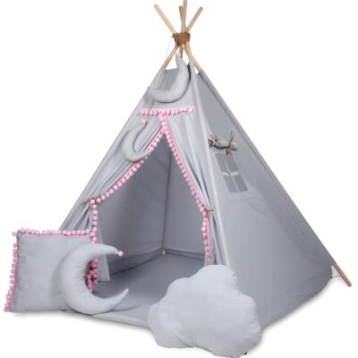 Stan pre deti típí Baby Nellys, výbava - šedý s růžovými brmbolcami