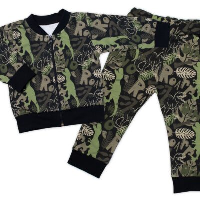 Štýlová bavlnená tepláková súprava G-baby, Dino - khaki/čierna, veľ. 86