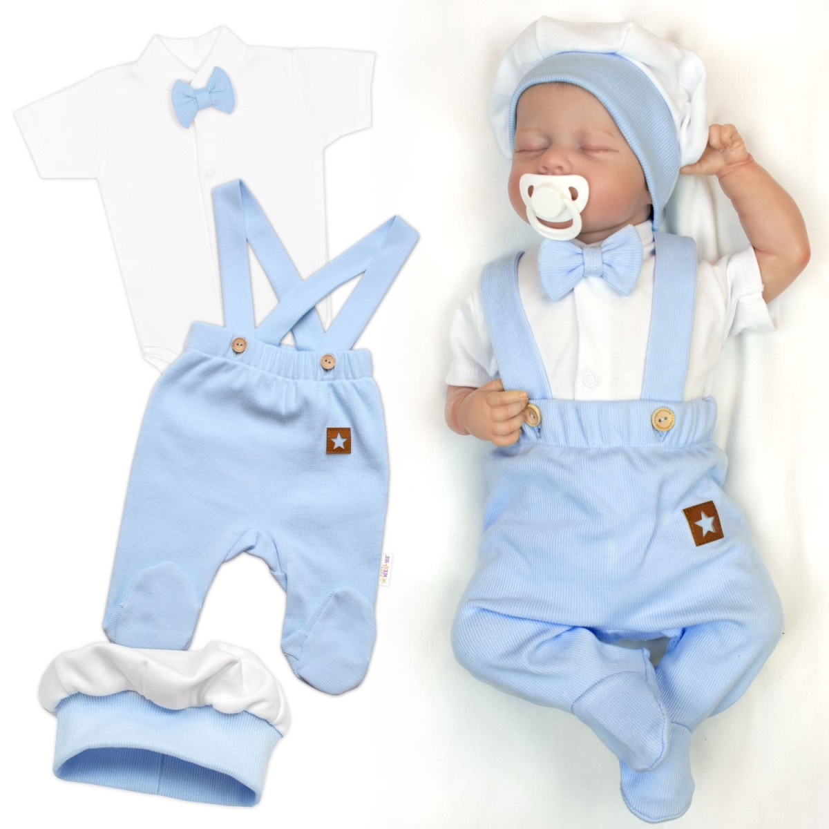 Súprava Gentleman 3D, body kr. rukáv, polodupačky s lacnom + čiapočka,modrá/biela, 62