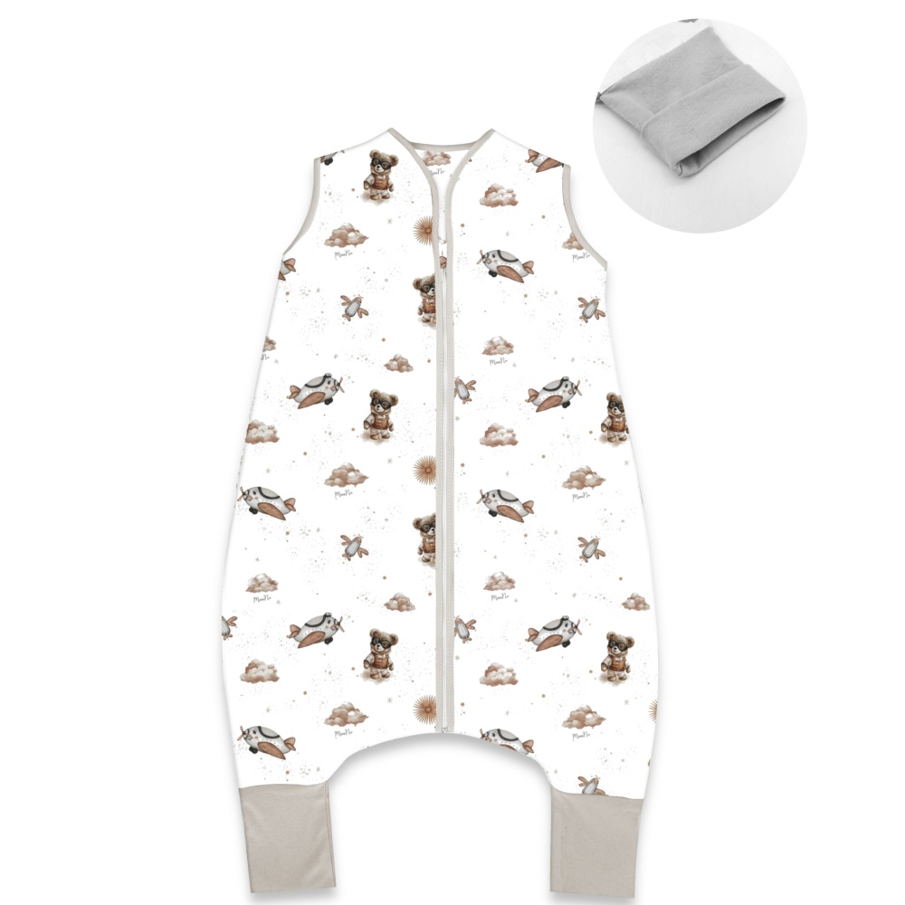 Teplejšie spací vak so zahrnovacími nohavičkami, bavlna, Méďa pilot - biela, béž., veľ. S