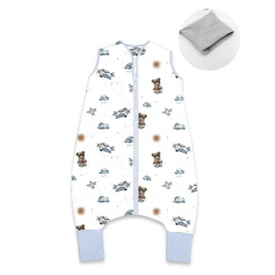 Teplejšie spací vak so zahrnovacími nohavičkami, bavlna, Méďa pilot - biela, modrá, veľ. S