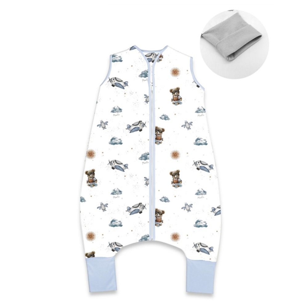 Teplejšie spací vak so zahrnovacími nohavičkami, bavlna, Méďa pilot - biela, modrá, veľ. S