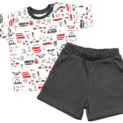 Tričko, krátky rukáv + kraťasky, 2D, Baby Nellys, Autá, bavlna, smotana/sivá