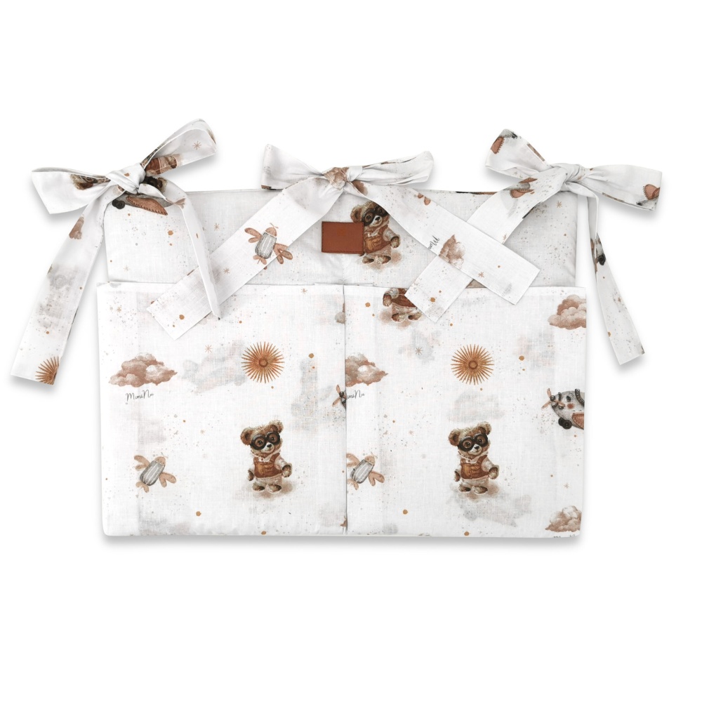 Vreckár na postieľku, bavlna, Méďa pilot - biela, béžová