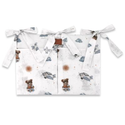 Vreckár na postieľku, bavlna, Méďa pilot - biela, modrá