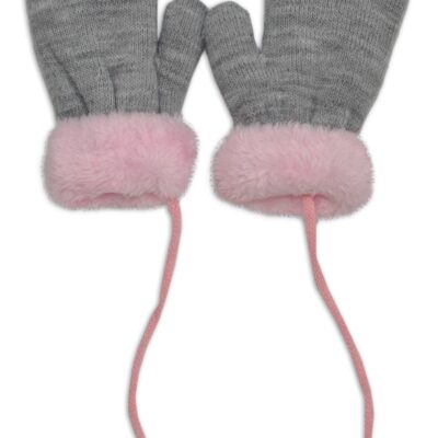YO! Zimné detské rukavice s kožušinou - šnúrkou YO - sivá/ružová kožušina, 98/104