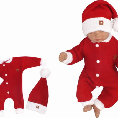 Z&Z 2-dielna sada Pletený overálok + čiapočka Baby Santa, červený, veľ. 86