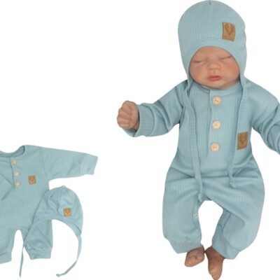 Z&Z 2-dielna súpravička rebrovaný overálok s gombíkmi a čiapočkou, morská modrá