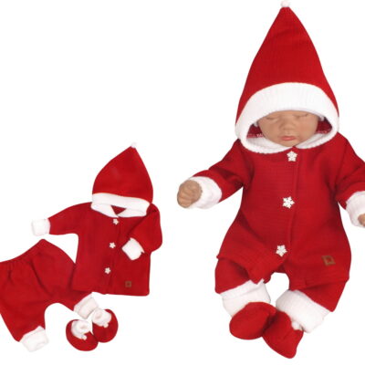 Z&Z 3-dielna pletená súprava, kabátik, nohavice a topánočky Baby Santa, červená, veľ. 74