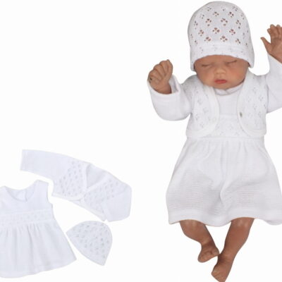Z&Z 3-dielna pletená súprava šatôčky, bolerko a čiapočka - biela, veľ. 74