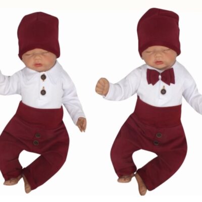 Z&Z 4-dielna súpravička body, tepláčky, čiapočka a motýlik, biela/bordó, veľ. 74