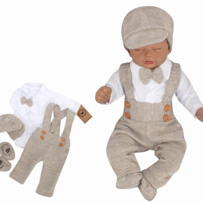 Z&Z 5-dielna pletená sada Boy, body, nohavice, čiapočka motýlik, topánočky, béžová, veľ.62