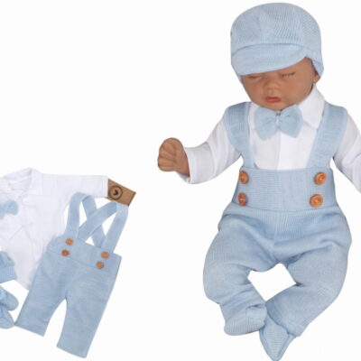 Z&Z 5-dielna pletená sada Boy, body, nohavice, čiapočka motýlik, topánočky, modrá, veľ. 86