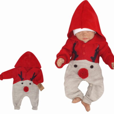 Z&Z Detský pletený Vianočný overálek s kapucňou a gombíkmi Baby Sob, červený, veľ. 62