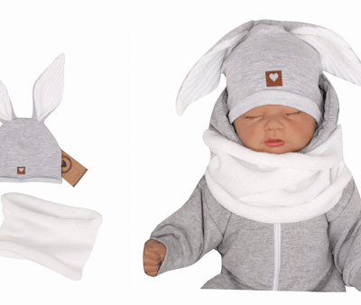 Z & Z Dojčenská bavlnená čiapočka Zajačik s nákrčníkom, šedá/biela