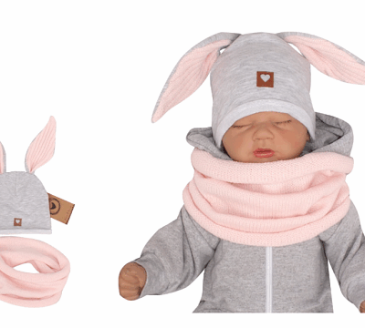 Z & Z Dojčenská bavlnená čiapočka Zajačik s nákrčníkom, šedá/ružová, vel. 68/74