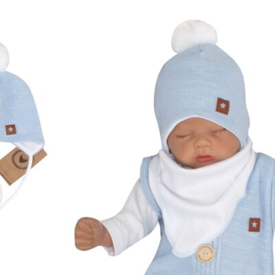 Z&Z Dvojvrstvová pletená čiapka na zaväzovanie s brmbolcom, modrá