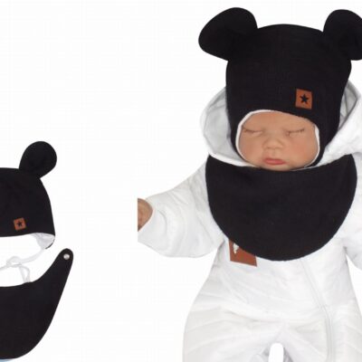 Z&Z Dvojvrstvová pletená čiapka na zaväzovanie so šatkou 2v1, Méďa - čierna, vel. 68