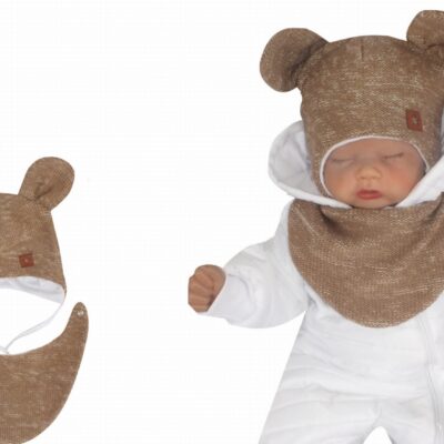 Z&Z Dvojvrstvová pletená čiapka na zaväzovanie so šatkou 2v1, Méďa - hnedá, vel. 86