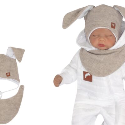 Z&Z Dvojvrstvová pletená čiapka na zaväzovanie so šatkou 2v1, Zajačik - béžová, veľ. 68