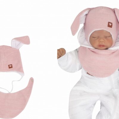 Z&Z Dvojvrstvová pletená čiapka na zaväzovanie so šatkou 2v1, Zajačik - ružová