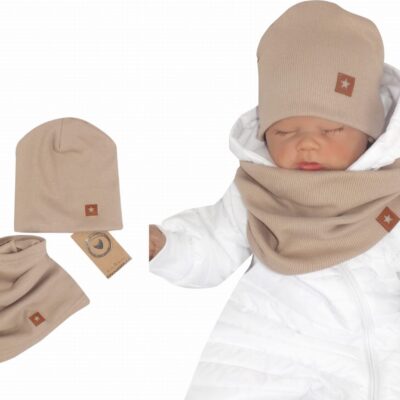 Z&Z Dvojvrstvová rebrovaná čiapočka + nákrčník, béžová,veľ. 80/86