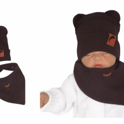 Z & Z Dvojvrstvová rebrovaná čiapočka s uškami + šatka, čokoládová, 92/98