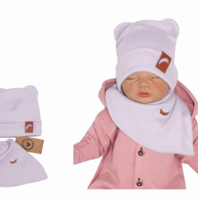 Z & Z Dvojvrstvová rebrovaná čiapočka s uškami + šatka, lila, 92/98