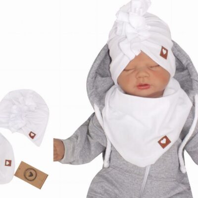 Z&Z Štýlová detská jarná / jesenná bavlnená čiapka, turban s šatkou, biela