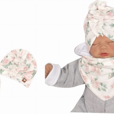 Z&Z Štýlová detská jarná / jesenná bavlnená čiapka, turban s šatkou, kvietky, vel. 68/80