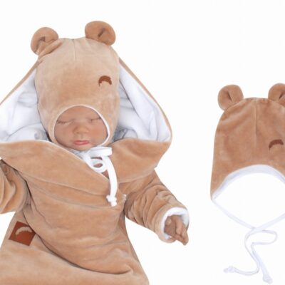 Z&Z Velúrová čiapka na zaväzovanie s uškami, béžová, veľ. 68/74