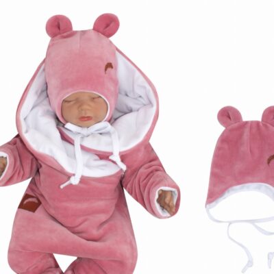 Z&Z Velúrová čiapka na zaväzovanie s uškami, púdrová, veľ. 68/74