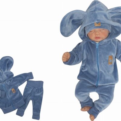 Z&Z Velúrová, semišková tepláková súprava s uškami MYŠKA - jeans, veľ. 86