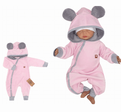 Z&Z Velúrový dojčenský overal s kapucňou a uškami - růžovo,šedý