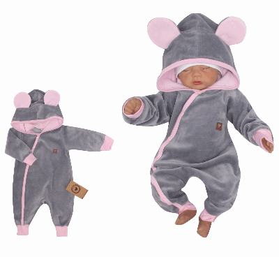Z&Z Velúrový dojčenský overal s kapucňou a uškami - šedo,růžový
