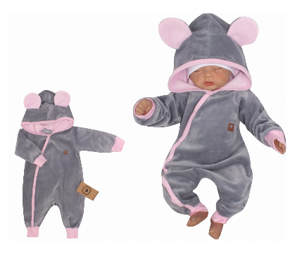 Z&Z Velúrový dojčenský overal s kapucňou a uškami - šedo,růžový, veľ. 74