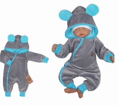 Z&Z Velúrový dojčenský overal s kapucňou a uškami - tyrkysovo, šedý, veľ. 62