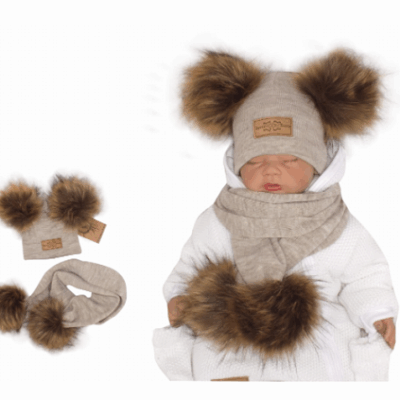 Z & Z Zimná čiapka s brmbolcami z kožušinky s šálou 2V1, béžová, vel. 68/80