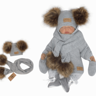 Z & Z Zimná čiapka s brmbolcami z kožušinky s šálou 2V1, sivá, vel. 86