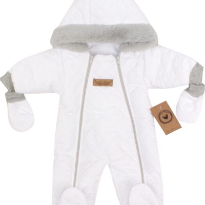 Z&Z Zimná prešívaná kombinéza s kožušinou a kapucňou + rukavičky - biela, vel. 62