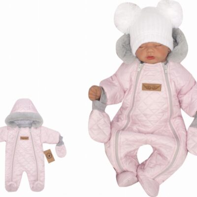 Z&Z Zimná prešívaná kombinéza s kožušinou a kapucňou + rukavičky - sv.ružová, veľ. 62