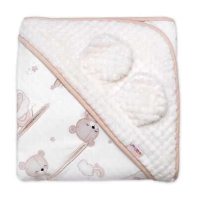 Zavinovacia deka s kapucňou a uškami, Malý medvedík, bavlna/luna, smotanová