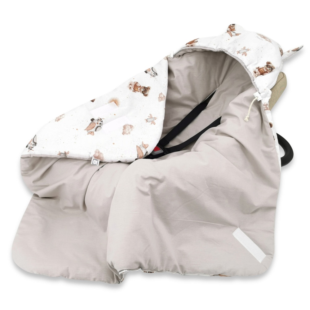 Zavinovacia deka s kapucňou bavlna, 90x90cm, Méďa pilot - biela, béžová