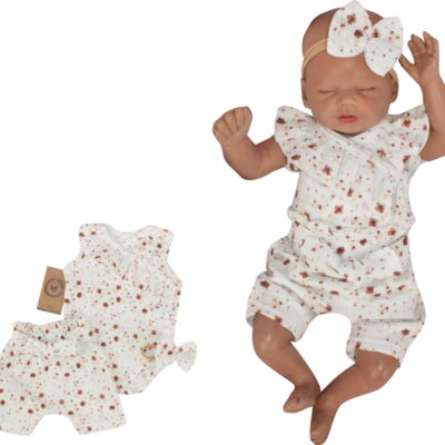 Zavinovacie body s volánikom, kraťasy + čelenka mušelín, 3D, Z&Z Kvetinky, smotanové