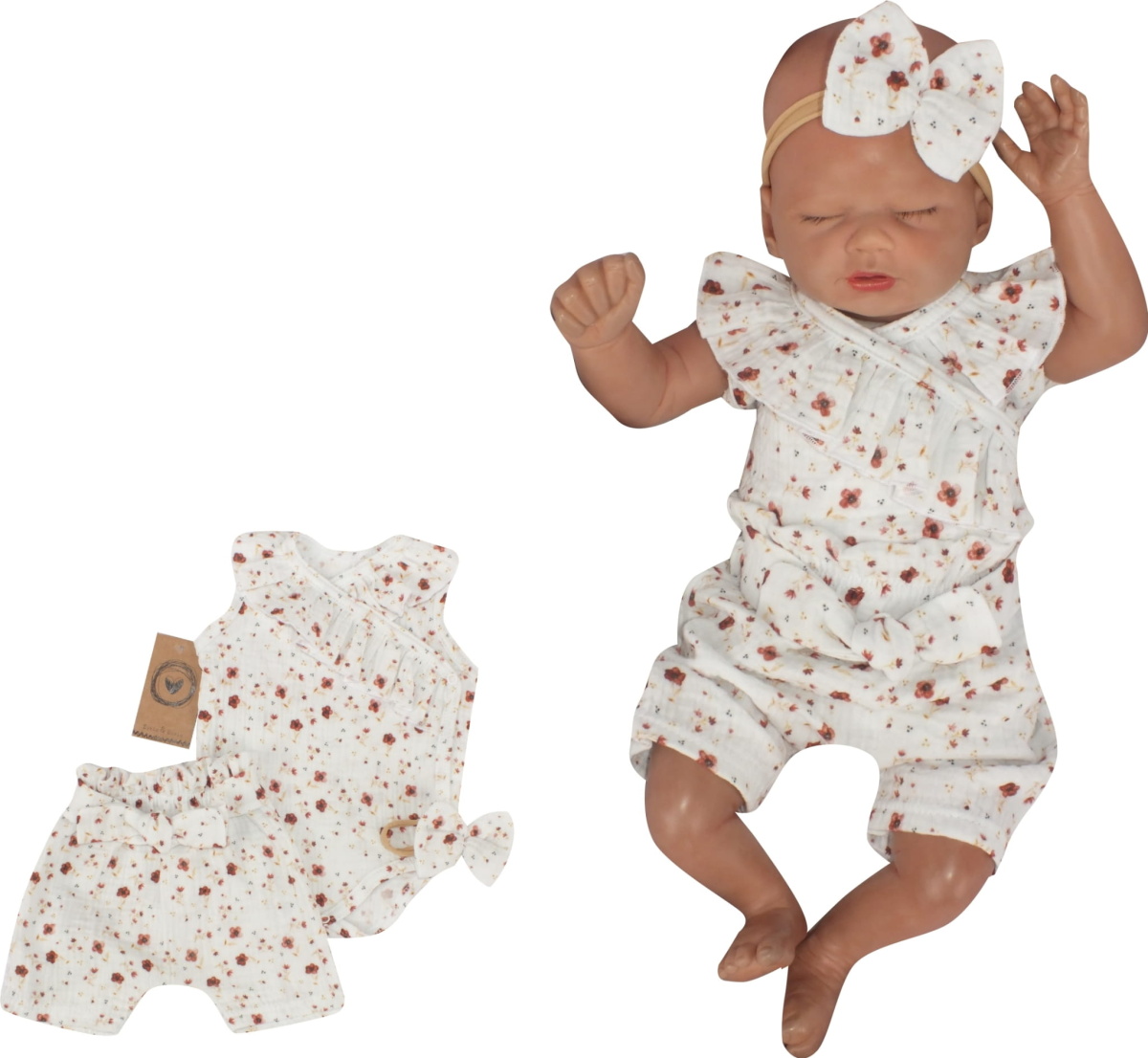 Zavinovacie body s volánikom, kraťasy + čelenka mušelín, 3D,Z&Z Kvetinky, smotanové,veľ.74