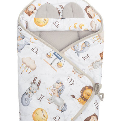 Zavinovačka 2v1 do autosedačky, kočíka, mušelín, bavlna - Hviezdne zvieratká - šedá, biela