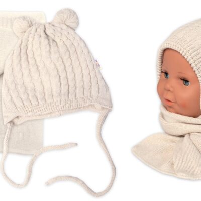 Zimná čiapka na zaväzovanie s brmbolcami + šál, Baby Nellys - béžová, vel. 62/68
